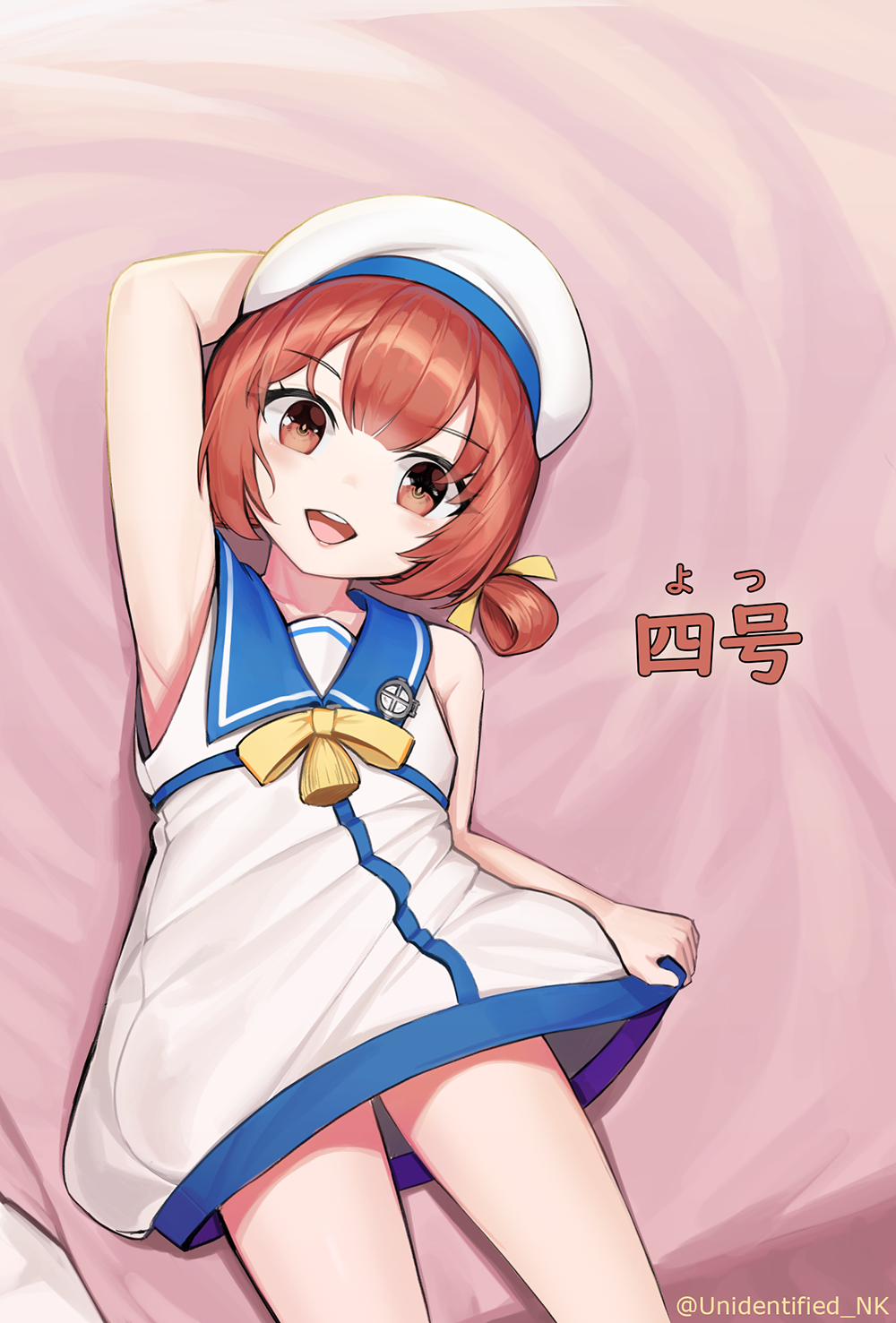 1girl, arm_up, armpits, blush, brown_eyes, dress, eyebrows_visible_through_hair, hair_between_eyes