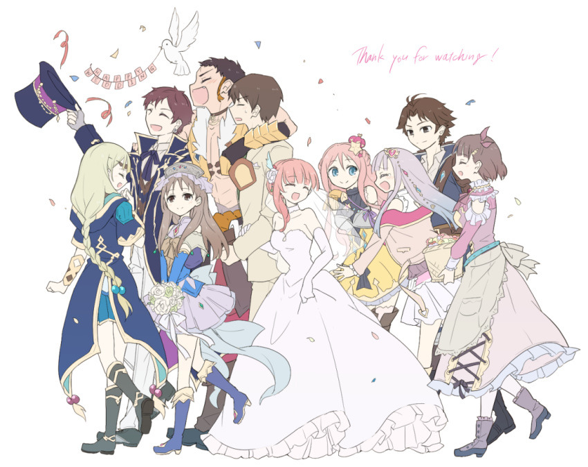 4boys, 6+girls, atelier_(series), atelier_lulua, black_hair, blonde_hair, bouquet, braid