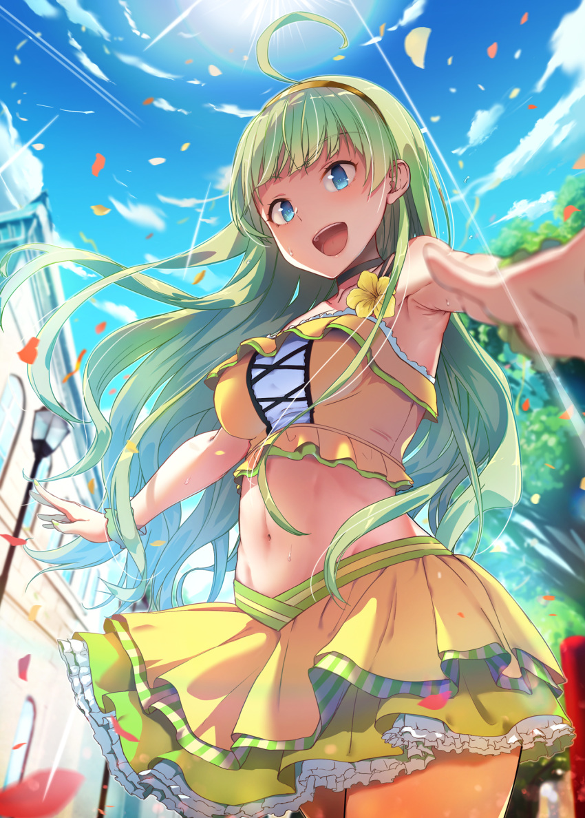1girl, :d, ahoge, akino_komichi, aqua_eyes, armpits, backlighting, bangs