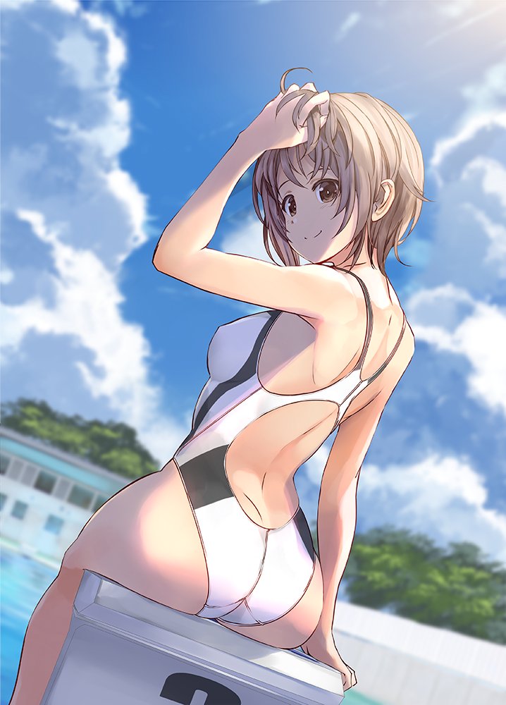 1girl, ass, back, backless_swimsuit, bangs, blue_sky, blurry, blurry_background, brown_eyes, closed_mouth, clouds, cloudy_sky, competition_swimsuit, crotch_seam, day, depth_of_field, diving_block, from_behind, hand_in_hair, kiryuu_takahisa, light_brown_hair, looking_at_viewer, looking_back, one-piece_swimsuit, original, outdoors, pool, short_hair, sitting, sky, smile, solo, swimsuit, white_swimsuit
