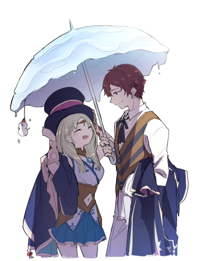 1boy, 1girl, atelier_(series), atelier_lulua, blonde_hair, brown_hair, circlet, closed_eyes