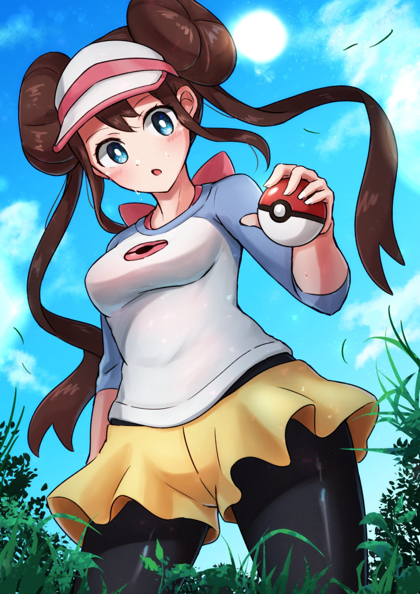 1girl, :o, bangs, black_legwear, blue_eyes, blush, breasts, brown_hair