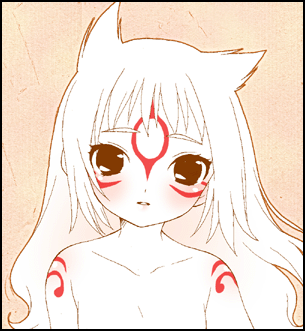 animal_ears, bare_shoulders, blush, bodypaint, loverial+phantom, lowres, mochiya_marosuke, okami