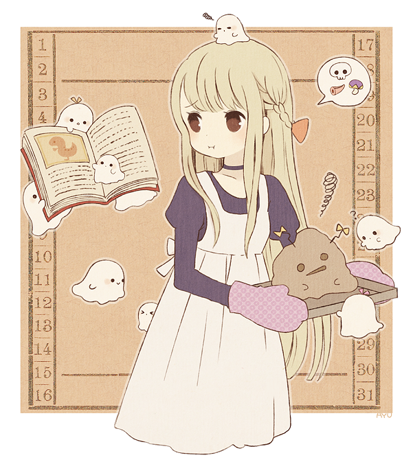 1girl, :i, ayu_(mog), blonde_hair, book, bow, brown_eyes, choker