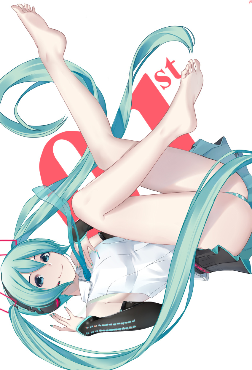 1girl, absurdres, aqua_eyes, aqua_hair, aqua_neckwear, bangs, barefoot, breasts