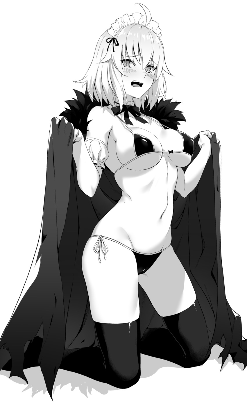 1girl, ahoge, bangs, bikini, blush, bow, bow_bikini, bowtie, breasts, cape, collar, commentary_request, detached_collar, embarrassed, eyebrows_visible_through_hair, fate/grand_order, fate_(series), frilled_armband, frilled_collar, frills, frown, full_body, fur-trimmed_cape, fur_trim, greyscale, groin, highres, jeanne_d'arc_(alter)_(fate), jeanne_d'arc_(fate)_(all), kneeling, large_breasts, looking_at_viewer, maid_headdress, monochrome, navel, open_mouth, prime, shadow, short_hair, side-tie_bikini, skindentation, solo, string_bikini, swimsuit, thigh-highs
