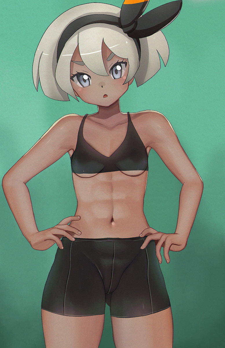 1girl, abs, aruman, bike_shorts, black_hairband, black_shorts, breasts, collarbone