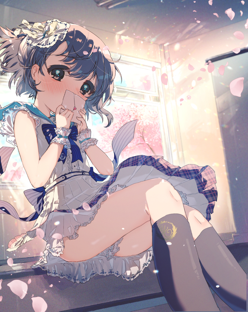 1girl, aqua_sailor_collar, back_bow, black_legwear, bloomers, blue_bow, blue_neckwear, blush