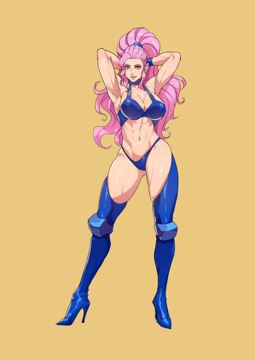 1girl, absurdres, armpits, arms_behind_head, arms_up, blue_footwear, blue_legwear, captain_commando