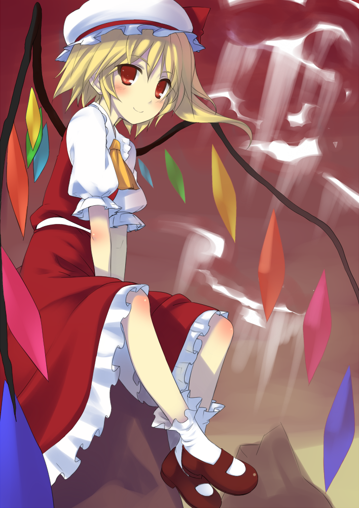 cloud, clouds, doriruman, dress, flandre_scarlet, hat, red_eyes, short_hair