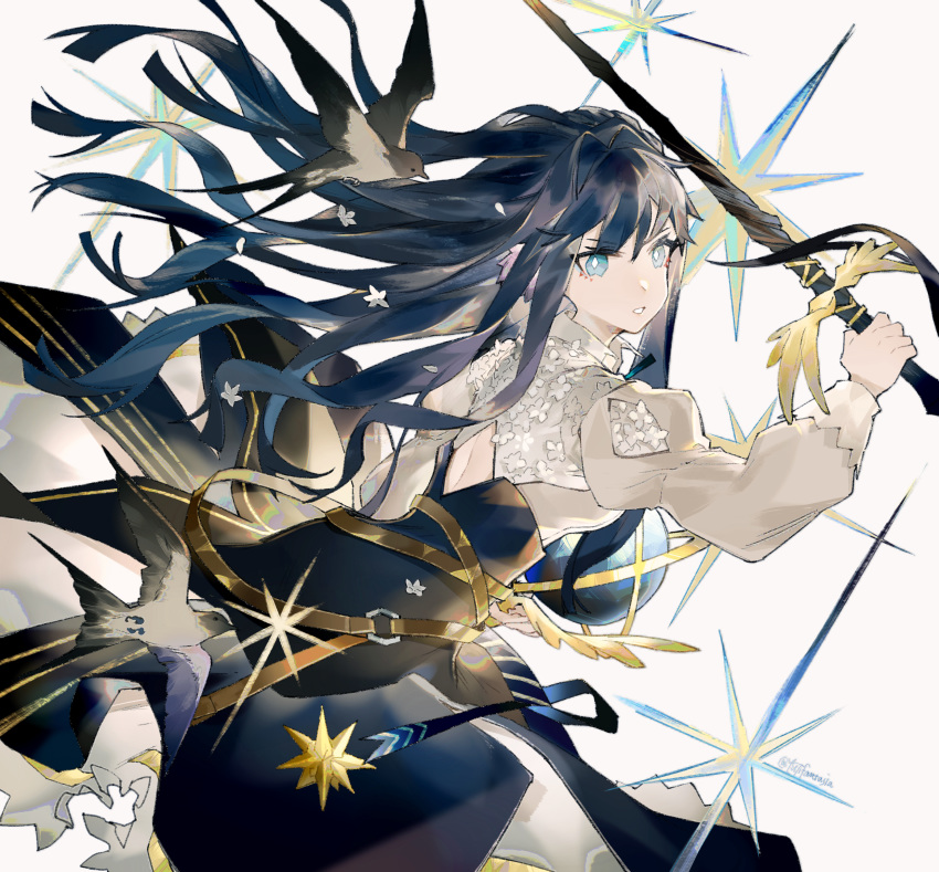 1girl, arknights, astesia_(arknights), bangs, bird, blue_dress, blue_eyes, blue_hair