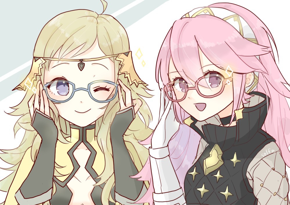 2girls, ahoge, artist_name, bespectacled, blonde_hair, blue_eyes, circlet, closed_mouth, commentary_request, fire_emblem, fire_emblem_fates, fire_emblem_heroes, glasses, gloves, hairband, long_hair, multiple_girls, one_eye_closed, open_mouth, ophelia_(fire_emblem), pink_eyes, pink_hair, smile, soleil_(fire_emblem), solfa_(gikosweety)