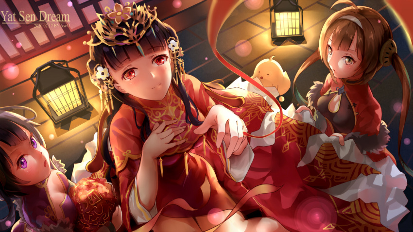 3girls, :o, ahoge, azur_lane, black_hair, blush, breasts, brown_eyes
