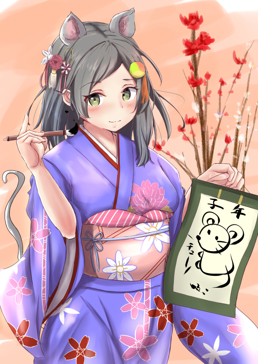 1girl, animal_ears, floral_print, flower, grey_hair, hair_flower, hair_ornament, hairclip