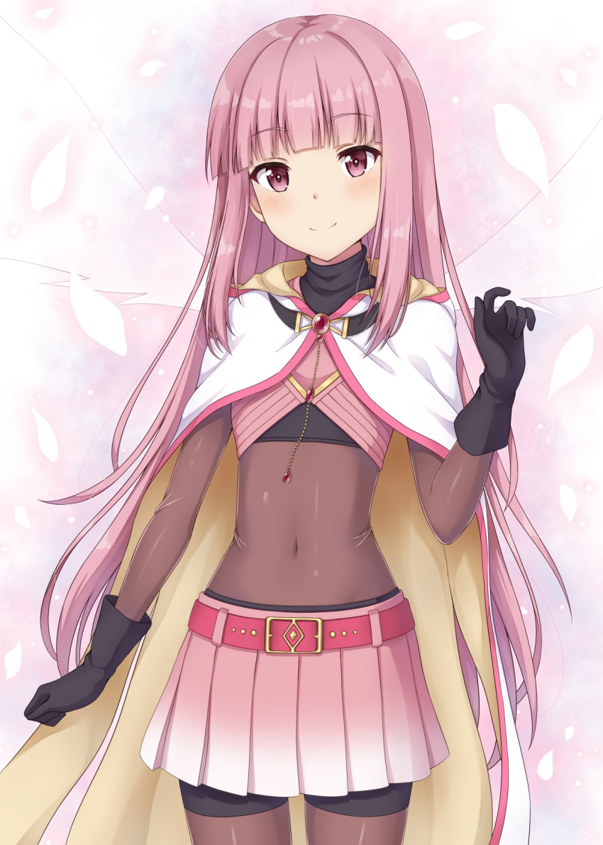 1girl, bangs, belt, bike_shorts, black_gloves, blunt_bangs, bodysuit, cloak