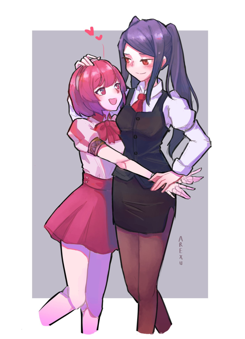 2girls, android, arexu, artist_name, bartender, blush, bow, bowtie, dorothy_haze, highres, hug, jill_stingray, mechanical_arm, miniskirt, multiple_girls, necktie, pantyhose, petting, pink_hair, purple_hair, red_eyes, skirt, va-11_hall-a