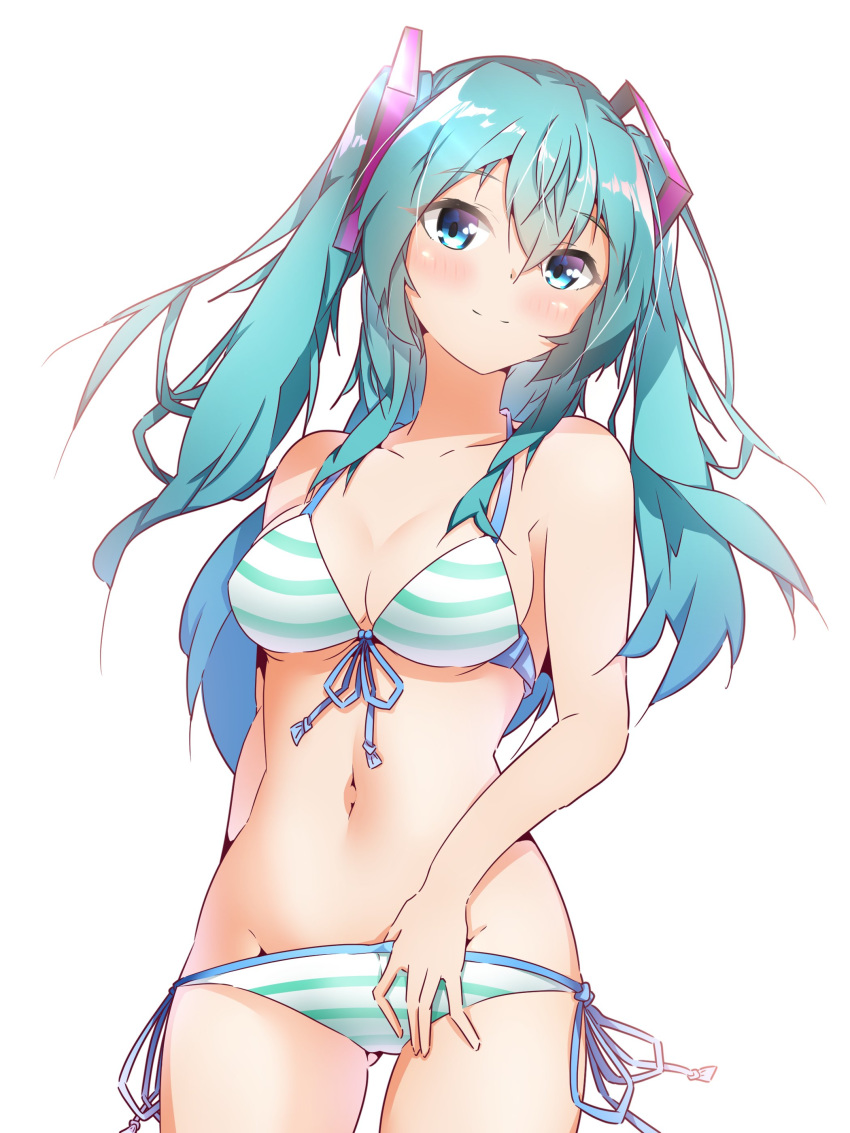 1girl, absurdres, alternate_hairstyle, aqua_eyes, aqua_hair, ass_visible_through_thighs, bikini, bloom