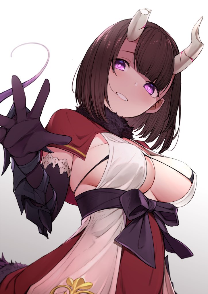 1girl, bangs, bikini, bikini_top, black_bikini, black_gloves, black_ribbon, black_sash, blunt_bangs, breasts, broken_horn, capelet, commentary, demon_girl, demon_horns, elbow_gloves, eriko_(princess_connect!), eyebrows_visible_through_hair, feff672166, fur-trimmed_capelet, fur_trim, gloves, gradient, gradient_background, grey_background, horns, horse, looking_at_viewer, medium_breasts, princess_connect!, princess_connect!_re:dive, reaching_out, red_capelet, ribbon, sash, shaded_face, short_hair, smile, solo, string_bikini, swimsuit, symbol-shaped_pupils, tail, tail_raised, under_boob, upper_body, white_background