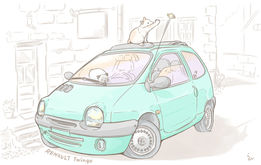 animal_ears, artist_name, car, cat, cat_ears, door, ground_vehicle, headlight, motor_vehicle, multiple_cats, original, paw_print, rabienu, radio_antenna, rear-view_mirror, renault, renault_twingo, seat, side_mirror, signature, sleeping, steering_wheel, tire, window_shade