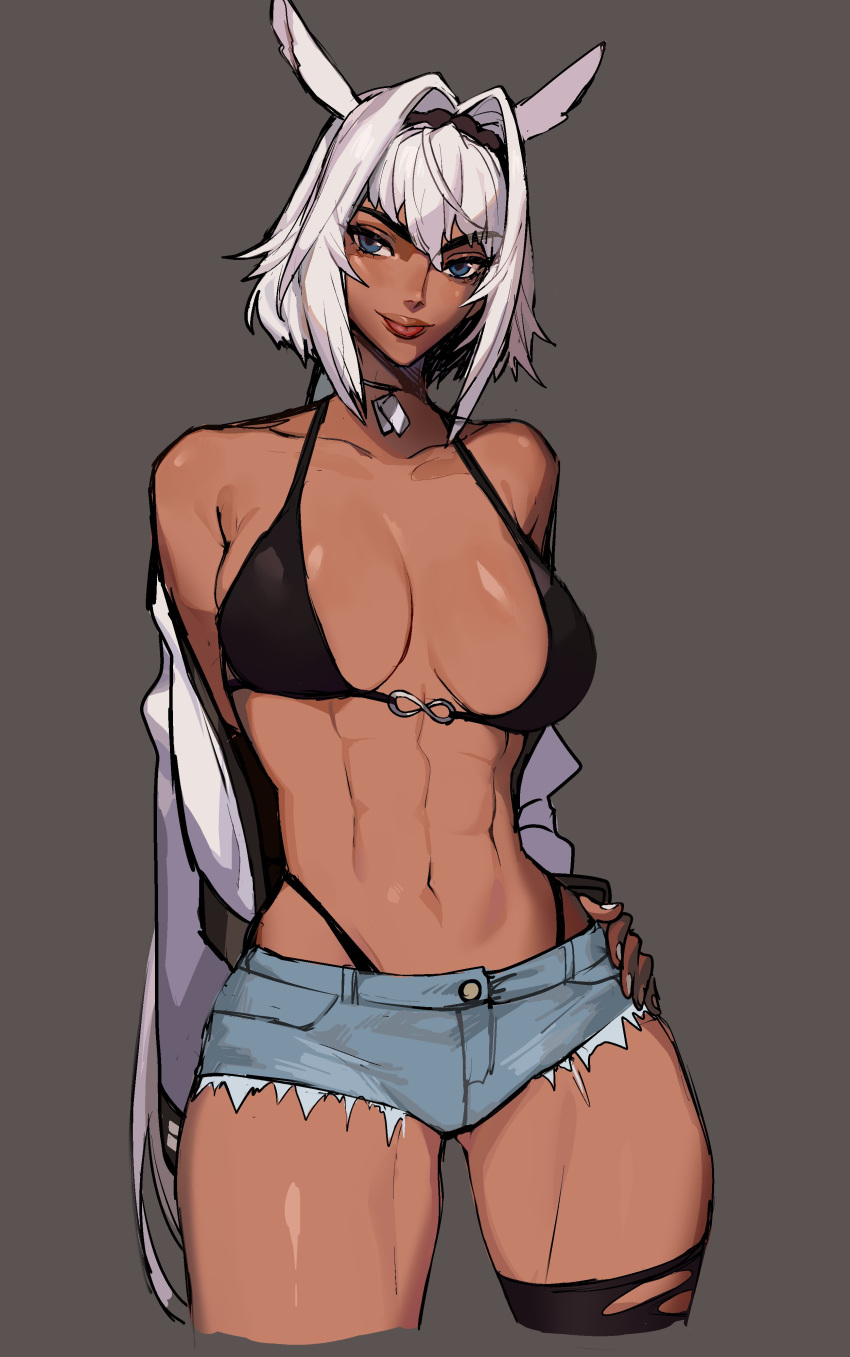 1girl, abs, absurdres, bikini, black_bikini, black_legwear, blue_eyes, brown_background