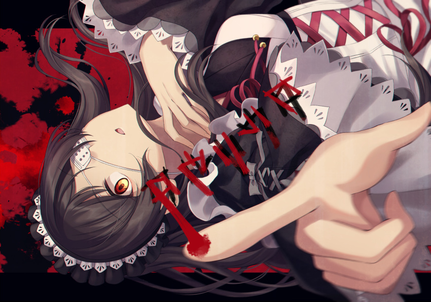 black_hair, black_rabbit, blood, eyepatch, finger_painting, headdress, highres, idolmaster