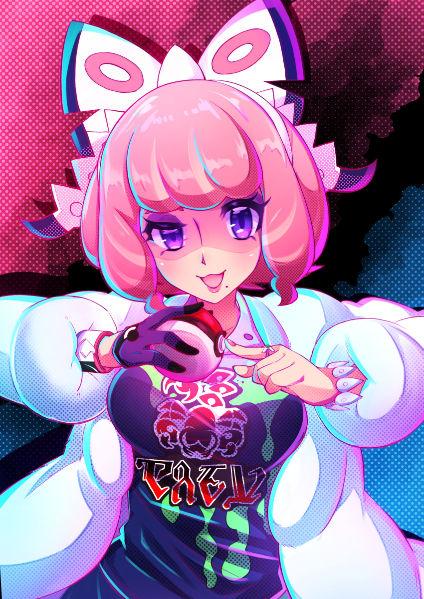 1girl, absurdres, bracelet, breasts, coat, collared_shirt, commentary_request, dynamax_band