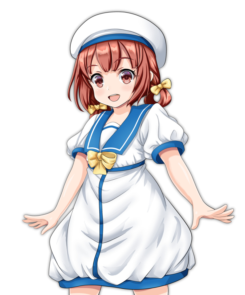 1girl, :d, cowboy_shot, dress, eyebrows_visible_through_hair, hair_between_eyes, hat, highres