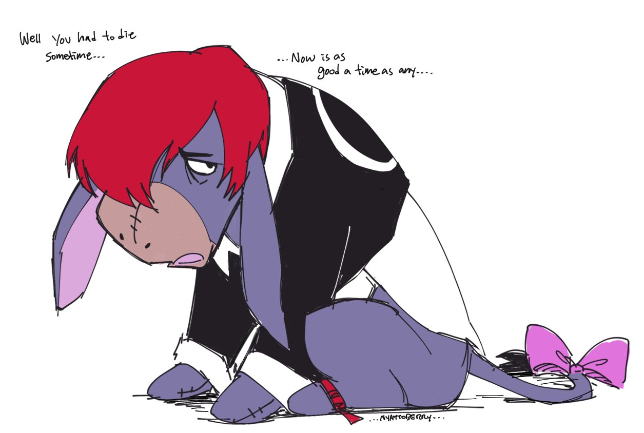 1boy, cosplay, eeyore, english_text, nyattoberry, one_eye_covered, redhead, ribbon