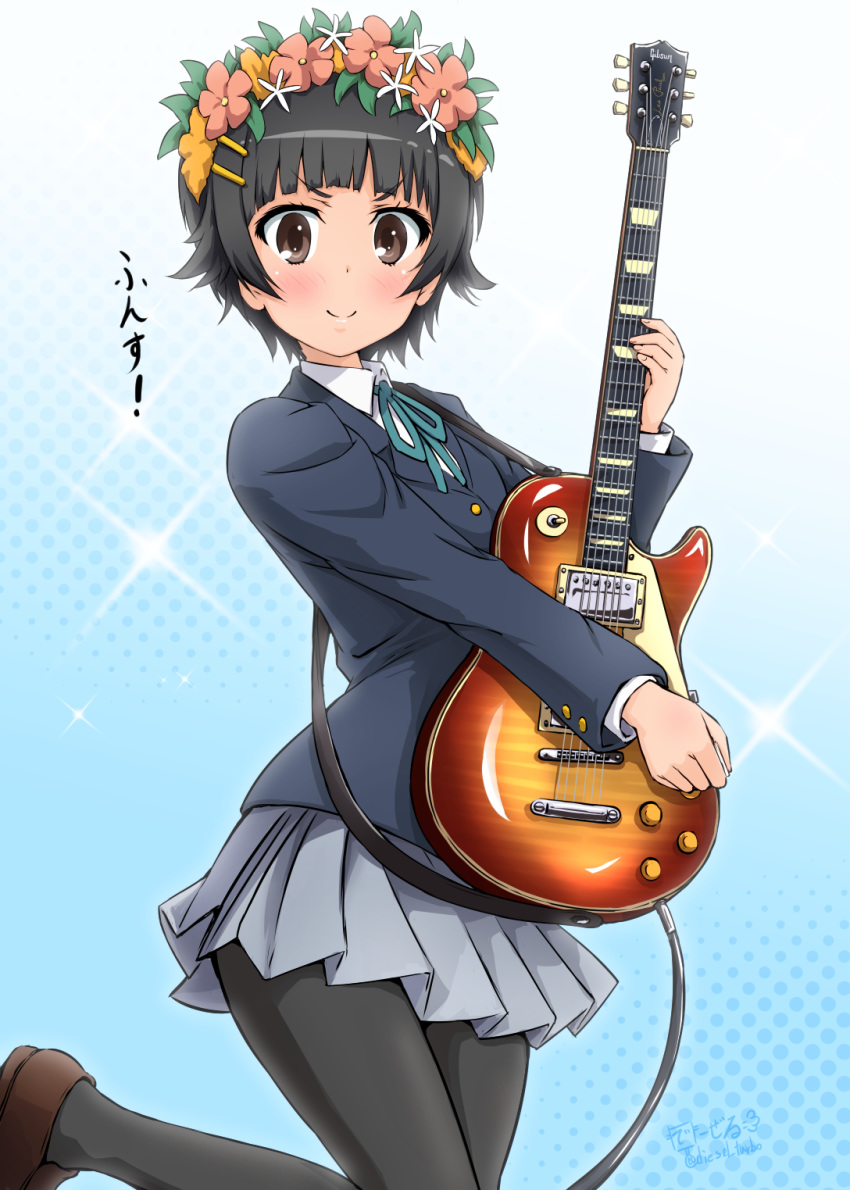 1girl, black_hair, black_legwear, blazer, blue_background, blue_jacket, brown_eyes, commentary_request, cosplay, cowboy_shot, diesel-turbo, electric_guitar, gradient, gradient_background, grey_skirt, guitar, head_wreath, highres, hirasawa_yui, hirasawa_yui_(cosplay), instrument, jacket, k-on!, looking_at_viewer, pantyhose, sakuragaoka_high_school_uniform, school_uniform, seiyuu_connection, short_hair, skirt, solo, standing, standing_on_one_leg, to_aru_kagaku_no_railgun, to_aru_majutsu_no_index, toyosaki_aki, uiharu_kazari