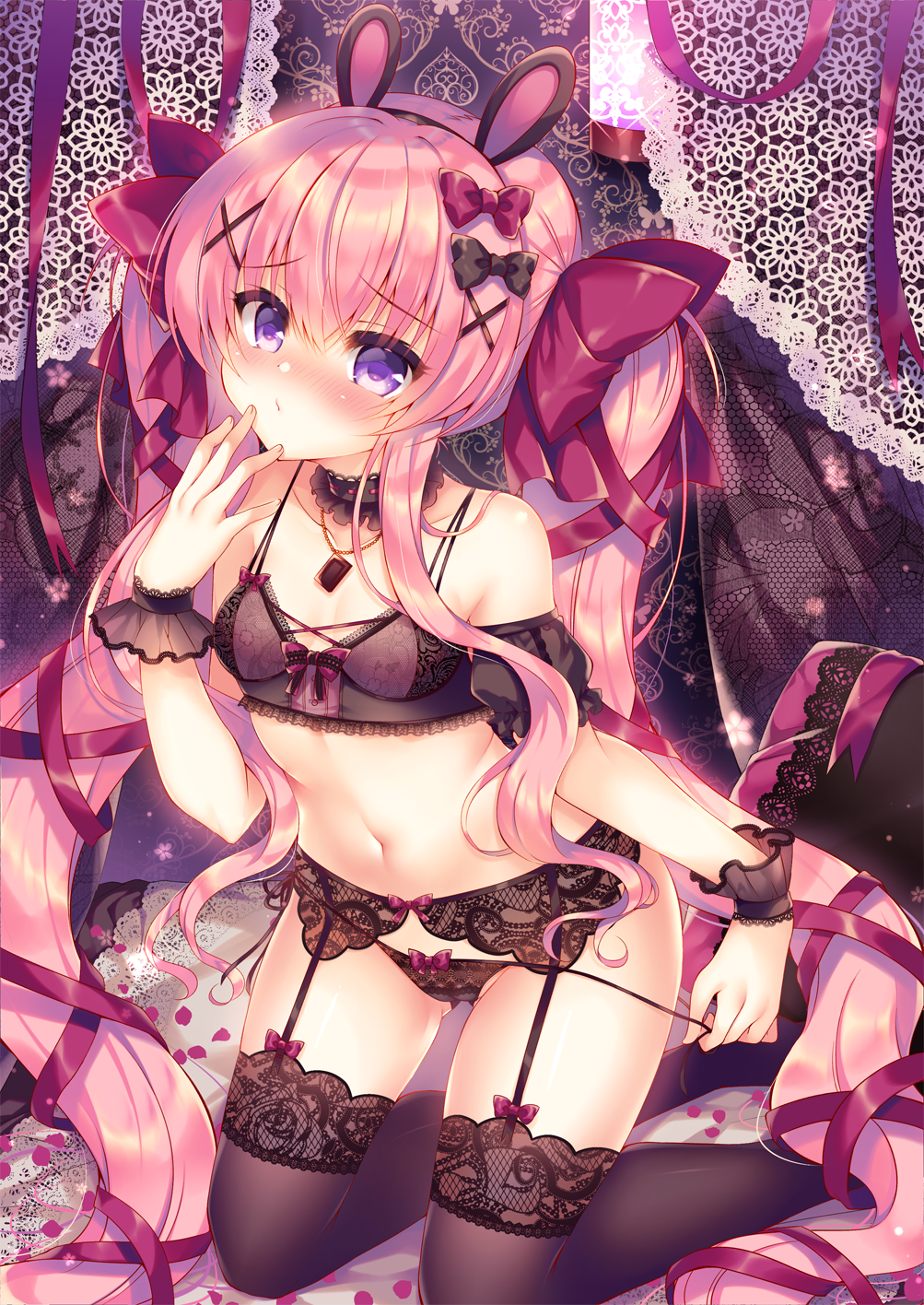 1girl, ass_visible_through_thighs, bare_shoulders, black_bra, black_choker, black_legwear, black_panties, bow, bra, breasts, choker, collarbone, detached_sleeves, frilled_choker, frills, garter_belt, hair_bow, hair_ornament, hair_ribbon, hairband, highres, jewelry, kneeling, lilia_chocolanne, lingerie, long_hair, looking_at_viewer, navel, necklace, no_shoes, original, panties, pink_hair, ribbon, side-tie_panties, small_breasts, solo, stomach, string_panties, suzunone_rena, thigh-highs, thighs, underwear, underwear_only, untied, untied_panties, very_long_hair, violet_eyes, x_hair_ornament