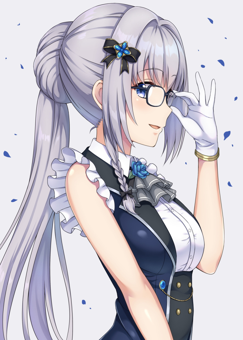 1girl, blue_eyes, bow, braid, breasts, darknessukaru, from_behind, glasses