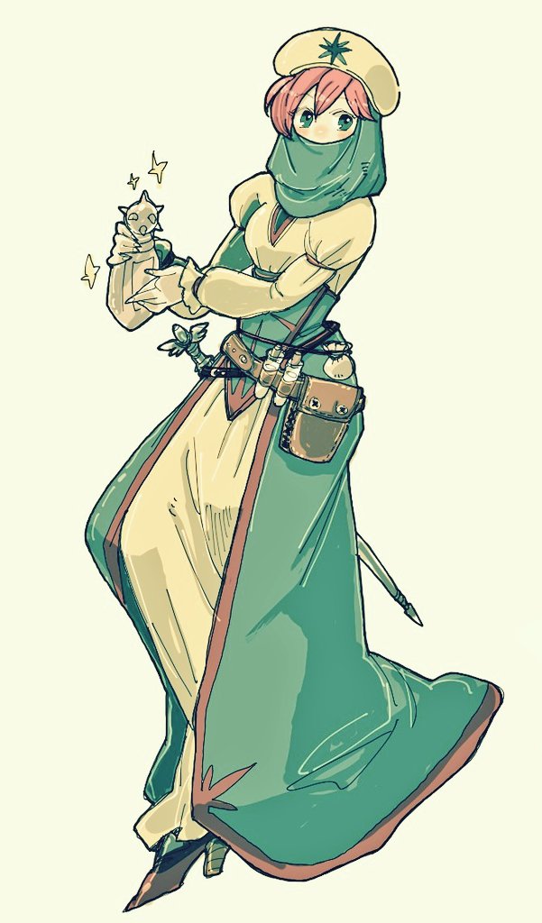 1girl, bag, belt, bottle, chemist_(final_fantasy), covered_mouth, final_fantasy, final_fantasy_v