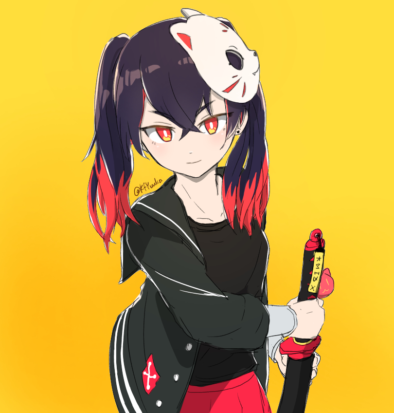 1girl, bangs, black_hair, black_jacket, black_shirt, cat_mask, charm_(object), collarbone, commentary_request, crossed_bangs, earrings, eyebrows_visible_through_hair, hair_between_eyes, hitagi_(kick-flight), holding, holding_sword, holding_weapon, jacket, jewelry, katana, kick-flight, long_sleeves, looking_at_viewer, mask, mask_on_head, multicolored_hair, open_clothes, open_jacket, pleated_skirt, red_eyes, red_skirt, redhead, sheath, sheathed, shirt, sidelocks, simple_background, skirt, smile, solo, streaked_hair, sword, twintails, twitter_username, two-tone_hair, upper_body, weapon, yellow_background, yuuka_(kfyuuka)
