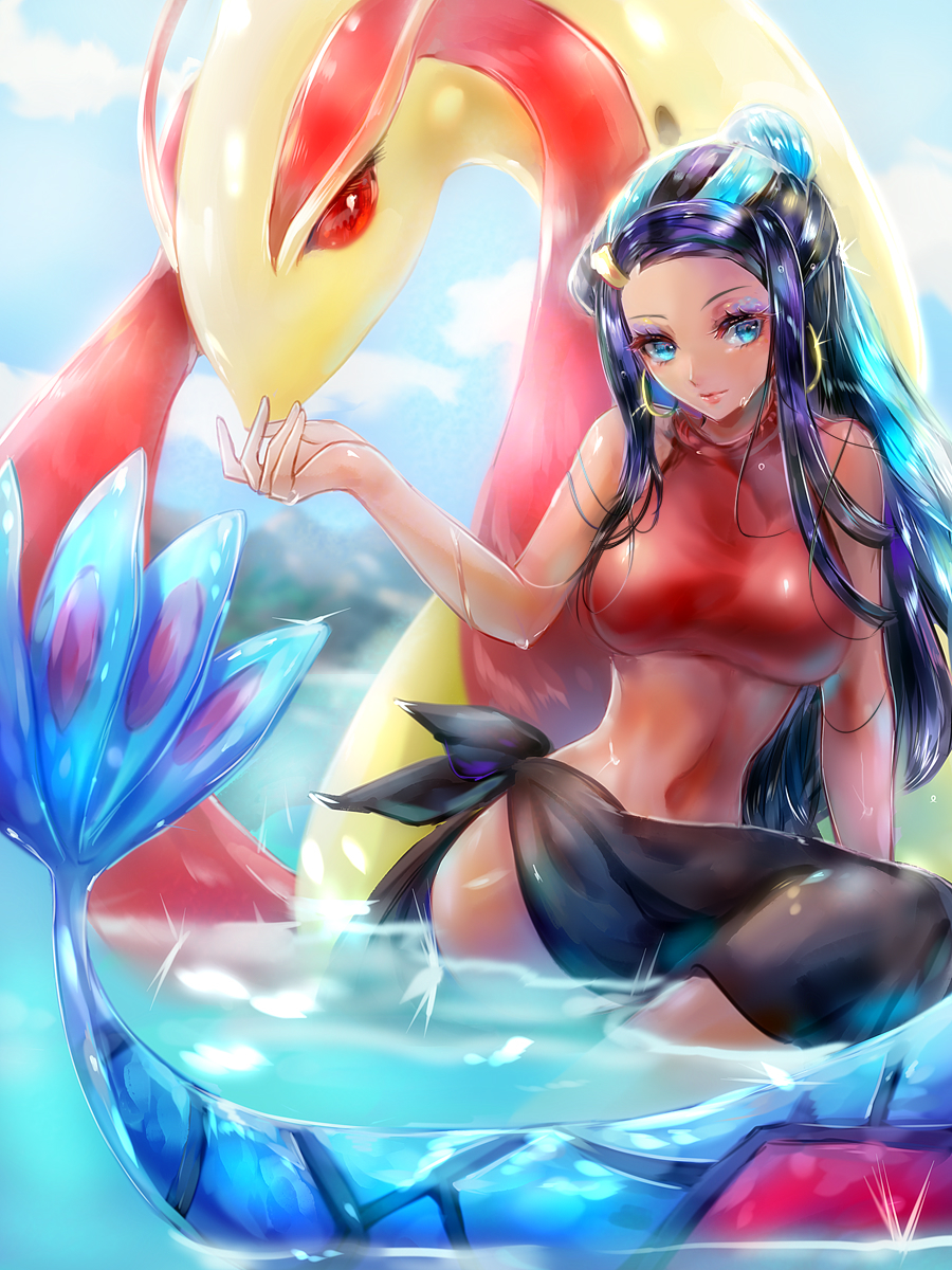 1girl, bare_arms, bare_shoulders, black_hair, black_sarong, blue_eyes, blue_hair, blue_sky
