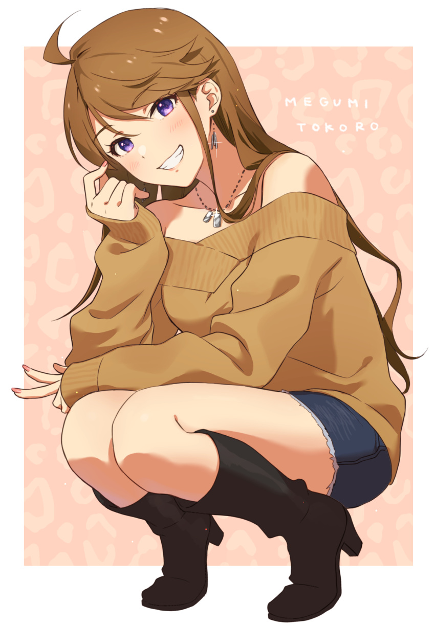 1girl, ahoge, bangs, bare_shoulders, black_footwear, boots, brown_hair, brown_sweater