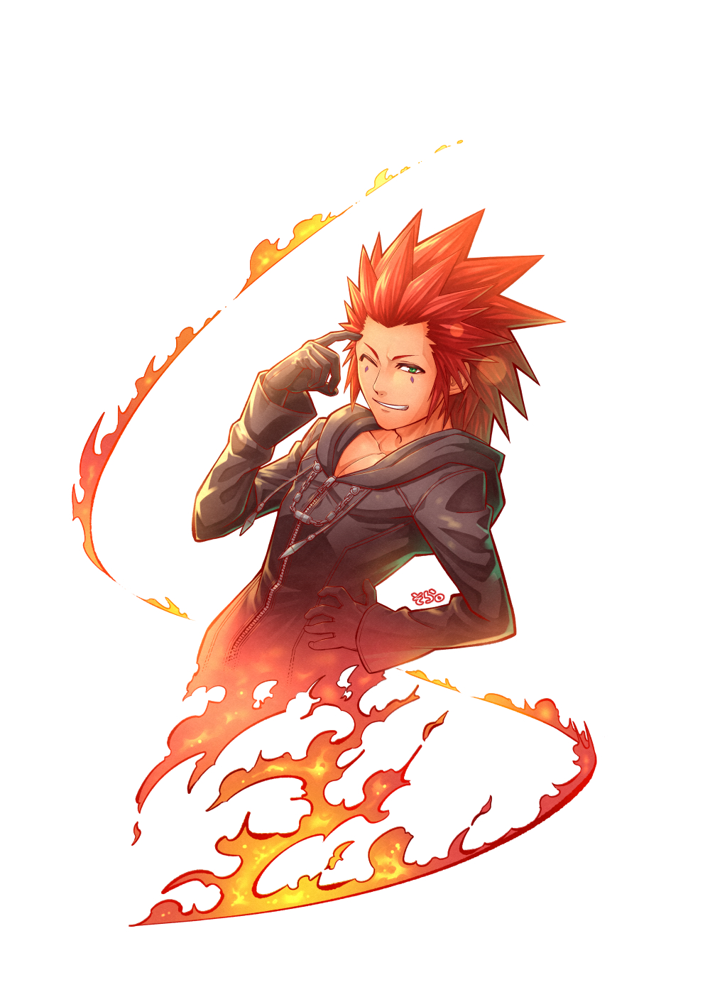 04sora40, 1boy, axel_(kingdom_hearts), black_gloves, blue_eyes, cloak, fire, gloves
