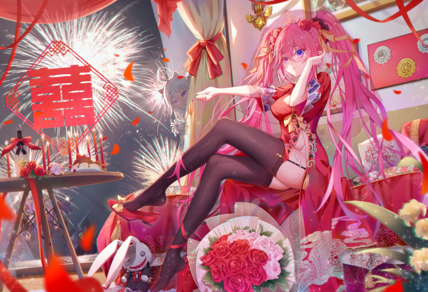 2girls, :o, absurdres, ahoge, alcohol, animal_ears, bed, bed_sheet, birthday, black_legwear, black_scrunchie, blue_eyes, blush, bottle, bouquet, breasts, cake, candle, cat_ears, champagne, champagne_coupe, china_dress, chinese_clothes, chinese_commentary, closed_mouth, commentary_request, covered_nipples, crossed_legs, crown, curtains, double_happiness, dress, eyebrows_visible_through_hair, eyelashes, fireworks, flower, food, garter_straps, hair_between_eyes, hair_flower, hair_ornament, hair_ribbon, hair_scrunchie, hand_on_ear, hand_up, heterochromia, highres, impossible_clothes, impossible_dress, indoors, iron_saga, light_particles, long_hair, looking_at_viewer, medium_breasts, meruru_(iron_saga), multiple_girls, night, no_shoes, on_bed, painting, panties, pantyshot, partially_unbuttoned, peeking, pelvic_curtain, petals, pillow, pink_eyes, pink_flower, pink_hair, pink_rose, print_dress, red_dress, red_flower, red_footwear, red_rose, red_scrunchie, ribbon, rose, scrunchie, shoe_dangle, short_sleeves, side-tie_panties, side_slit, silver_hair, sitting, skin_tight, slokai_(iron_saga), stuffed_animal, stuffed_bunny, stuffed_toy, table, thigh-highs, underwear, very_long_hair, violet_eyes, wide_sleeves, xianyujun_sam, yellow_ribbon