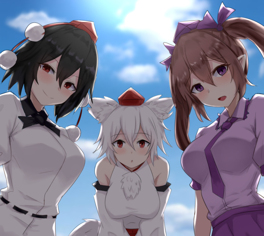 3girls, :o, animal_ear_fluff, animal_ears, bare_shoulders, belt, black_hair, black_neckwear