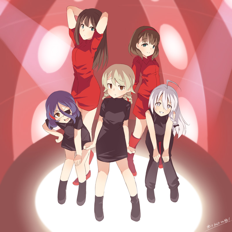 5girls, ahoge, arms_at_sides, arms_behind_head, black_bow, black_dress, black_footwear, black_pants