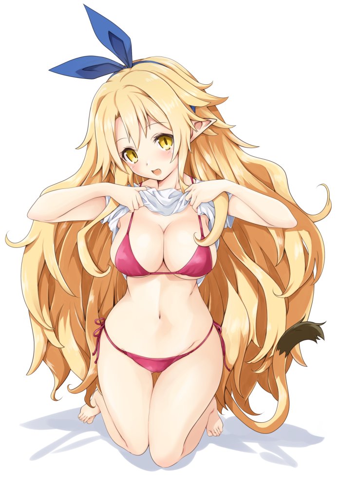 1girl, barefoot, bikini, bikini_day, blonde_hair, breasts, cat_tail, disgaea, hair_ornament, hair_ribbon, hairband, iwasi-r, large_breasts, liezerota, long_hair, looking_at_viewer, makai_senki_disgaea_5, navel, pointy_ears, ribbon, simple_background, slit_pupils, smile, solo, swimsuit, tail, very_long_hair, white_background, white_bikini, yellow_eyes