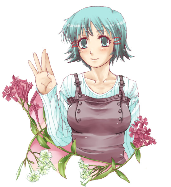 aqua_hair, blue_(artist), flower, fushimi_yukari, routes, short_hair, smile, solo