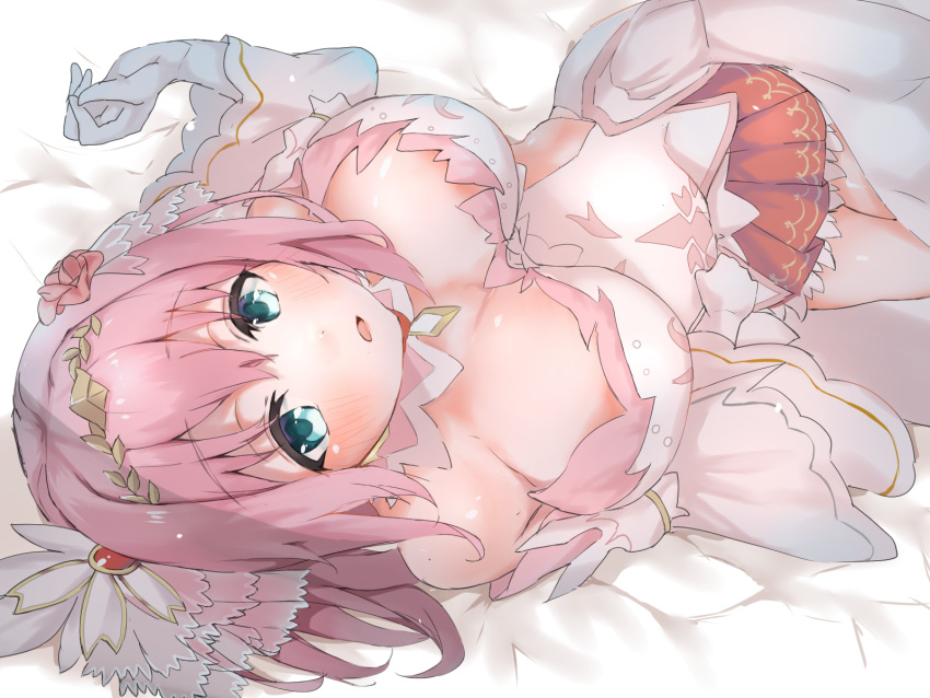 1girl, bangs, bare_shoulders, blue_eyes, blush, breasts, breasts_apart, detached_collar, detached_sleeves, dress, elbow_gloves, gloves, hair_ornament, hairband, highres, junmaachi, large_breasts, looking_at_viewer, lying, on_back, open_mouth, pink_hair, princess_connect!, princess_connect!_re:dive, red_skirt, short_hair, skirt, thighs, white_dress, white_gloves, wide_sleeves, yui_(princess_connect!)