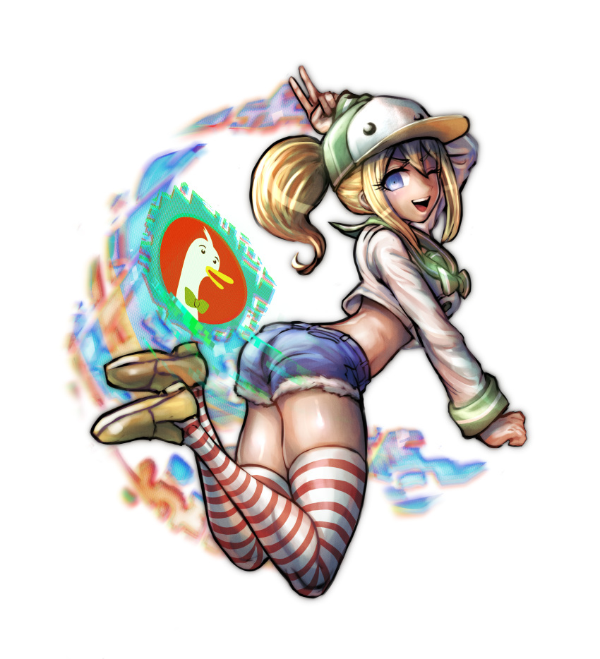 1girl, ;d, absurdres, baseball_cap, blonde_hair, blue_eyes, dangan_ronpa, denim