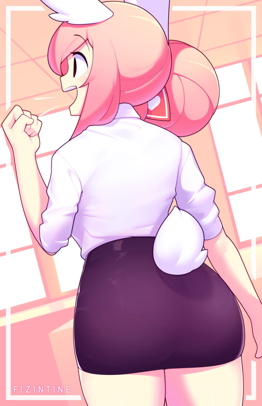 1girl, absurdres, animal_ears, artist_name, ass, bunny_girl, bunny_tail, collared_shirt