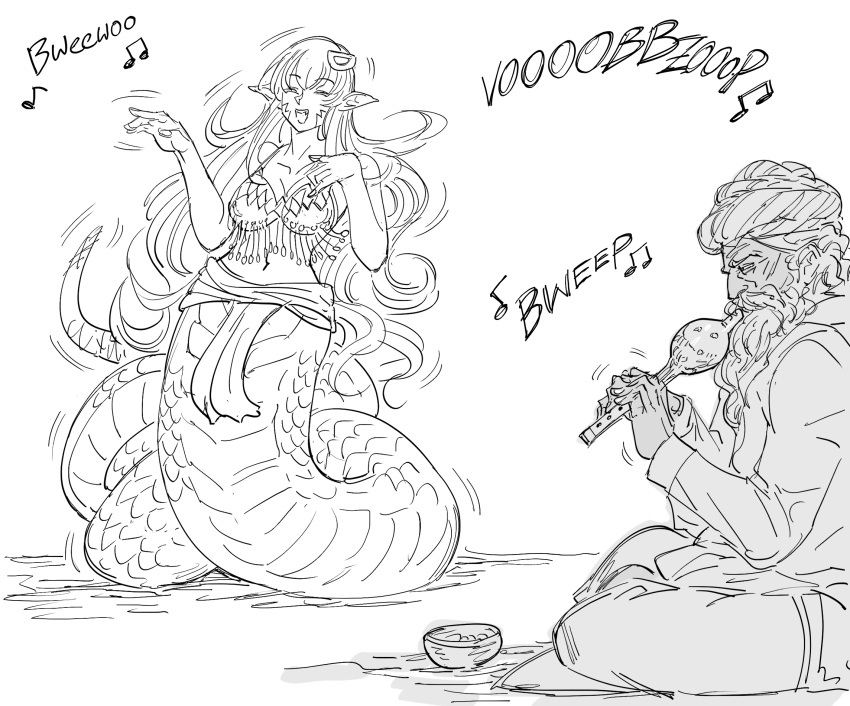 1girl, :d, bb_(baalbuddy), bowl, bra, breasts, closed_eyes, commentary, dancing, english_commentary, flute, greyscale, hair_ornament, highres, instrument, lamia, large_breasts, long_hair, miia_(monster_musume), monochrome, monster_girl, monster_musume_no_iru_nichijou, motion_lines, music, navel, old_man, open_mouth, pelvic_curtain, playing_instrument, pointy_ears, sarong, scales, simple_background, smile, snake_charmer, underwear, white_background