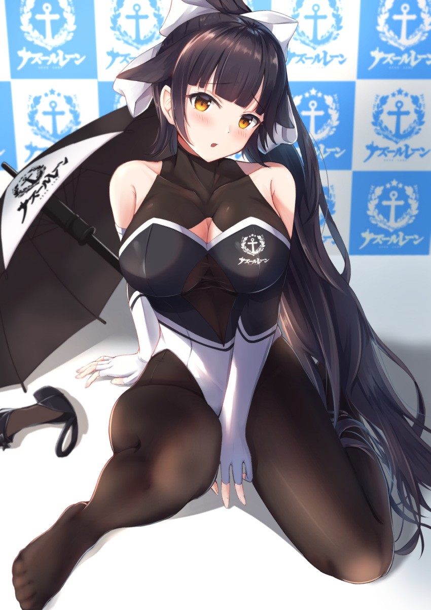 1girl, animal_ears, azur_lane, bare_shoulders, blush, bow, brown_hair, cleavage_cutout