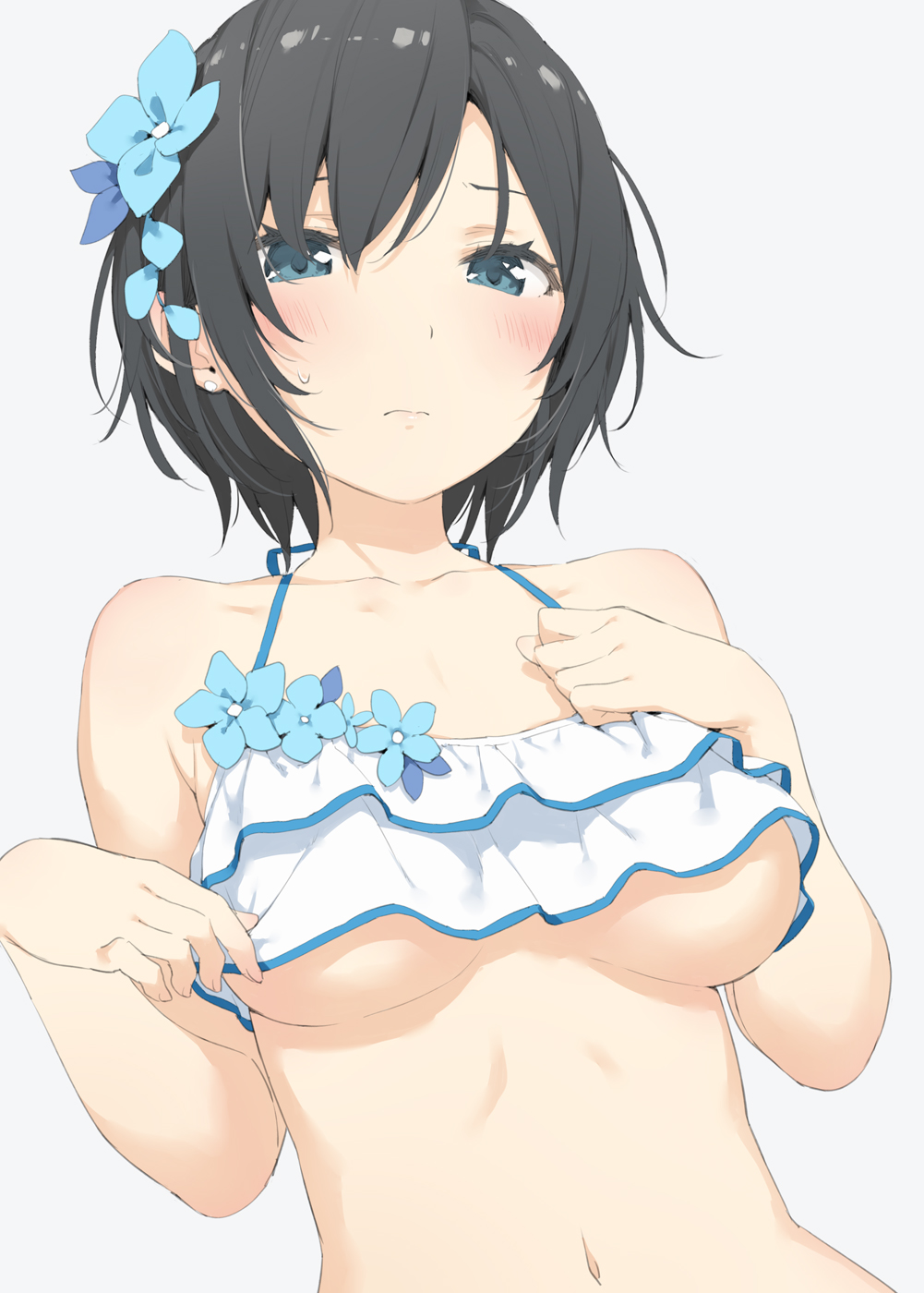 1girl, bangs, bare_arms, bare_shoulders, bikini, bikini_day, bikini_top, black_hair