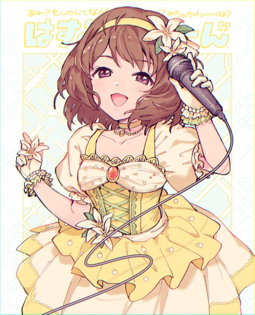 1girl, blush, border, bracelet, brown_hair, choker, collarbone, dress