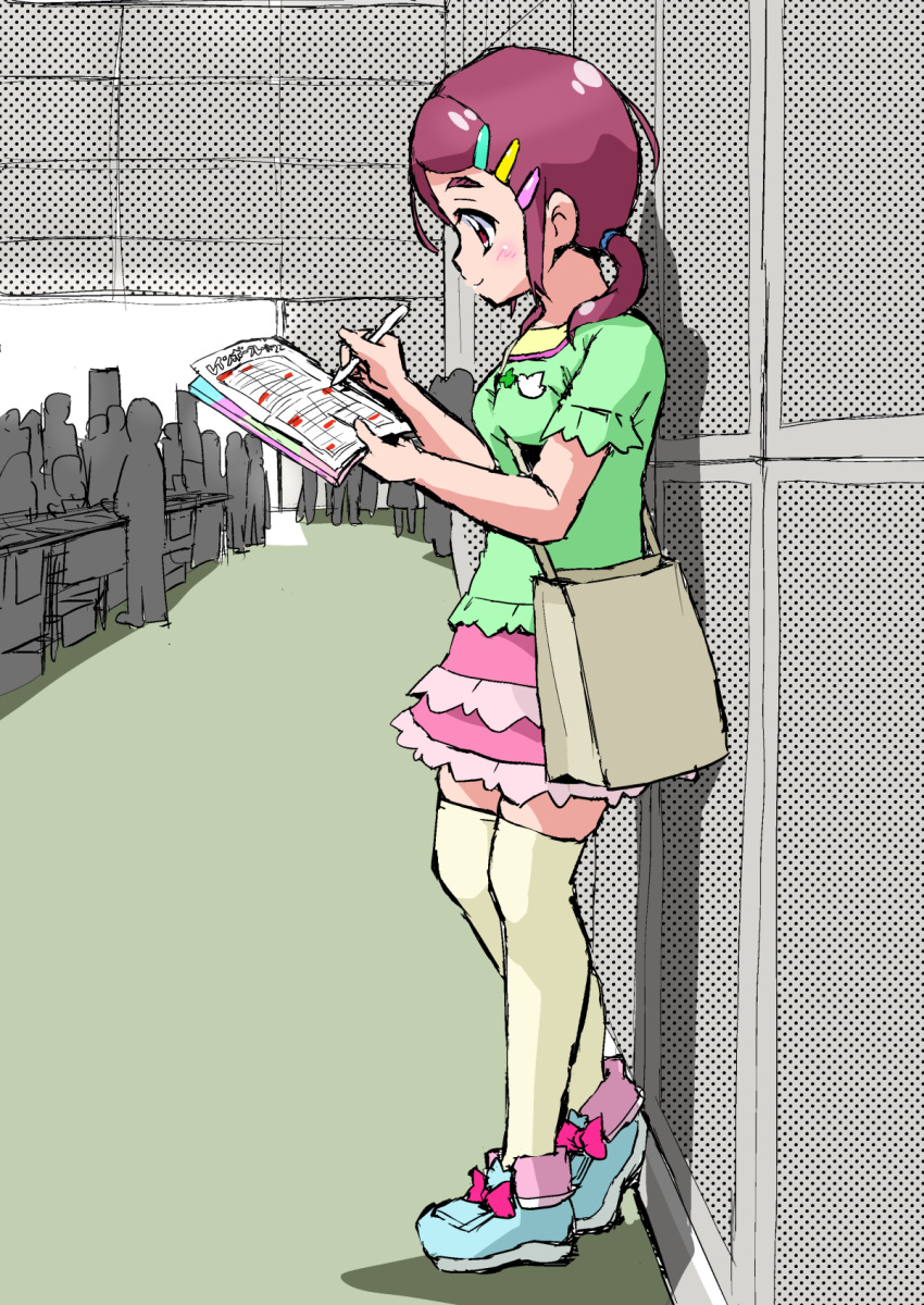 1girl, bag, blue_footwear, bow, bow_footwear, clover, comiket, facing_to_the_side