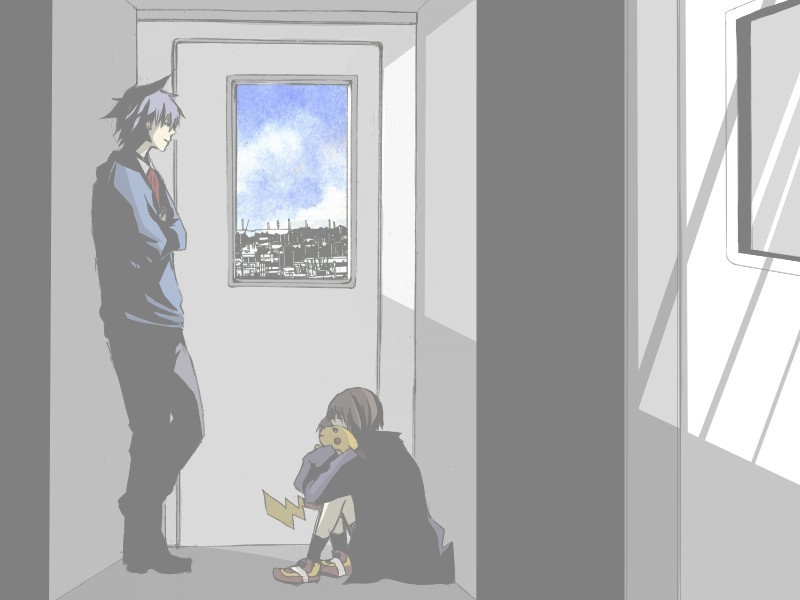 1boy, 1girl, against_wall, brown_hair, city, closed_eyes, haruka_(pokemon), no_bandana